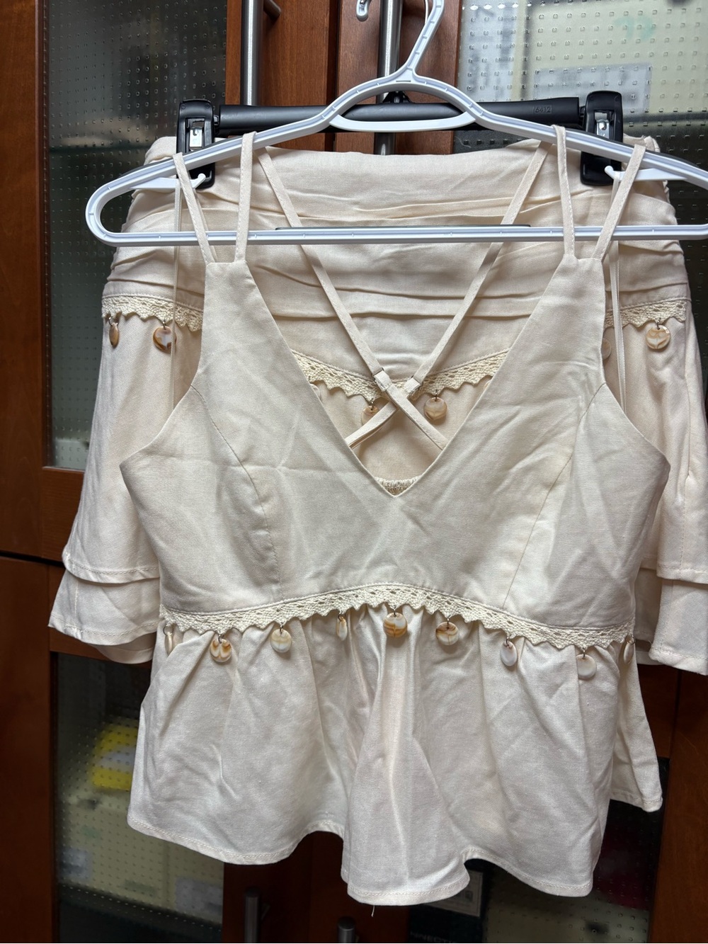 Berry Mellow Cream Lace-Trim Peplum Cami Top and Skirt with Button Accents